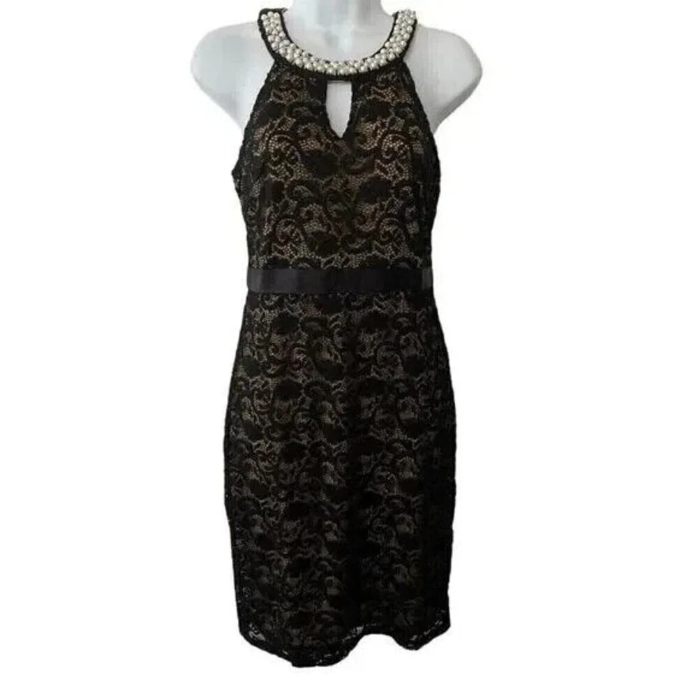 Available by Angela Fashions Dress Womens Black‎ Small Lace Overlay Cocktail New